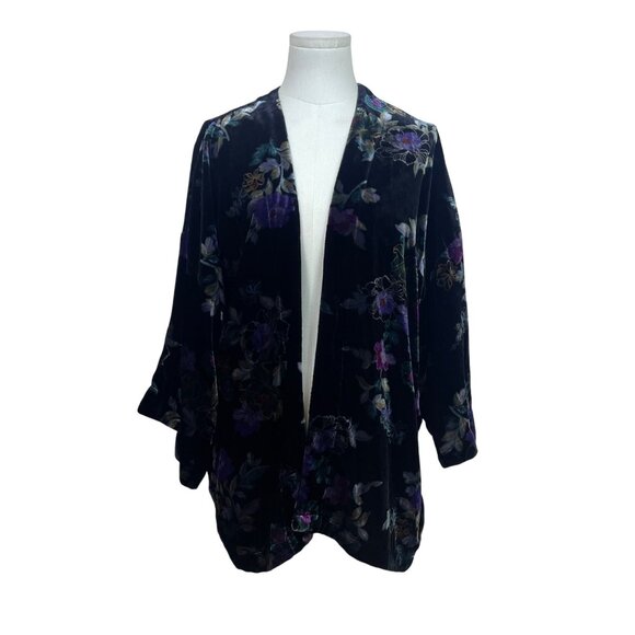 Loft Womens Black Velvet Floral Open Front Cardigan Size M/L - Picture 1 of 6